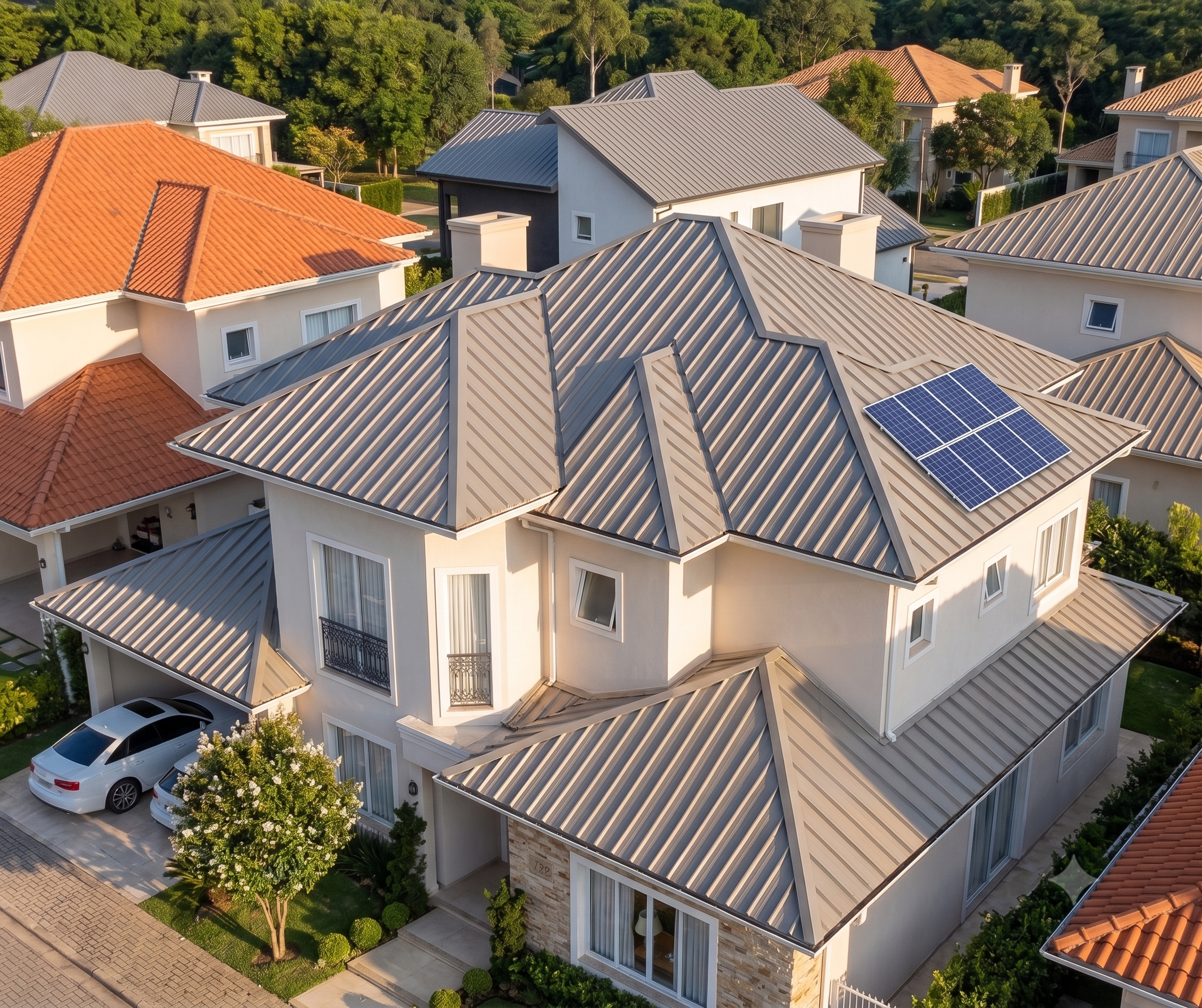 Vista aérea de cobertura residencial em Isotelha Trapezoidal com perfil metálico e painéis solares instalados