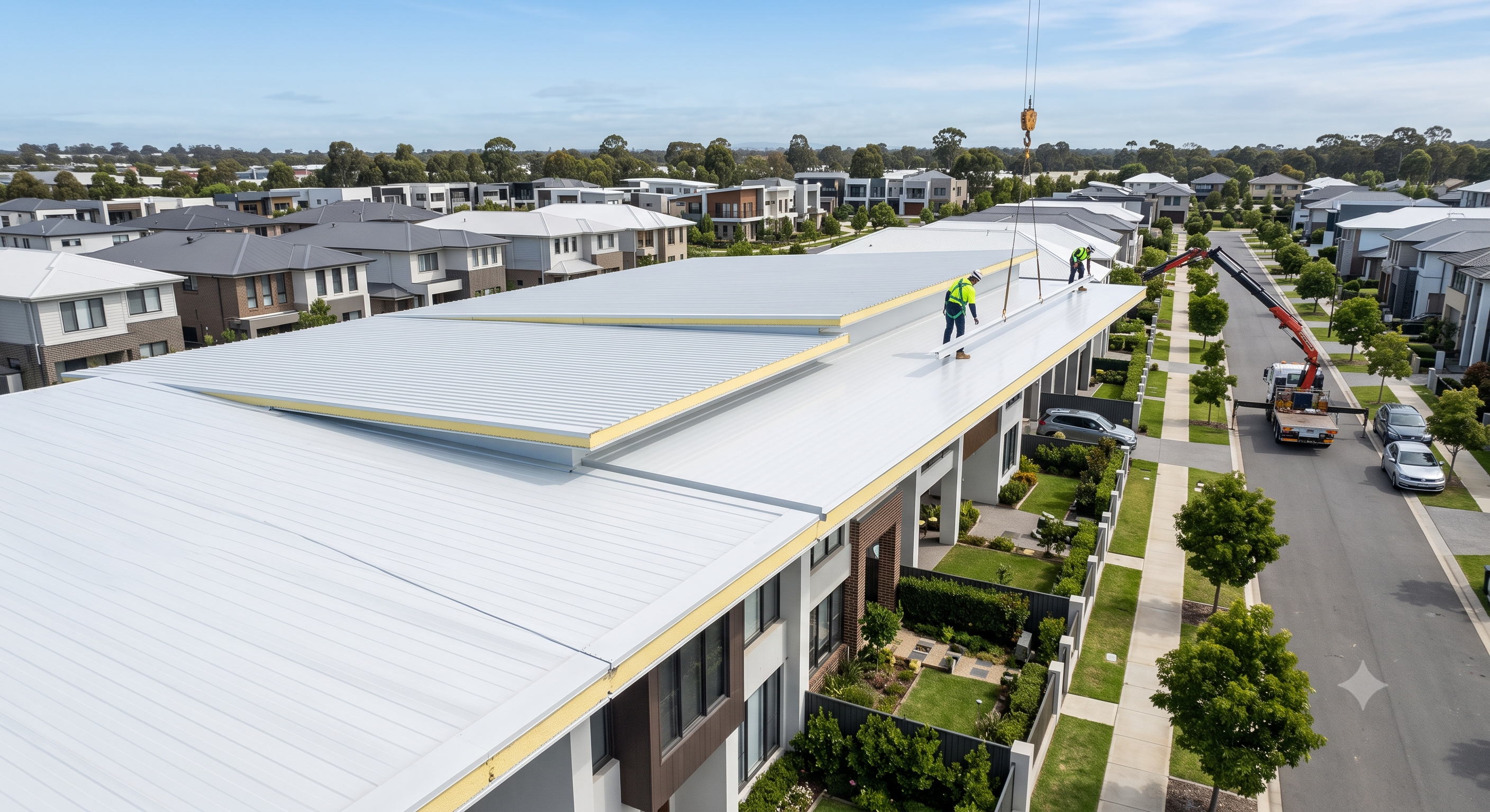 Vista aérea de cobertura residencial com telha termoacústica PIR sendo instalada por equipe com guindaste